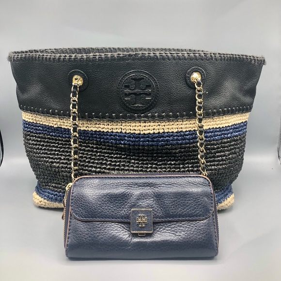 Tory Burch Marion Raffia Straw Tote Blue Black Stripes Leather Trimmed + Wallet - Picture 1 of 16